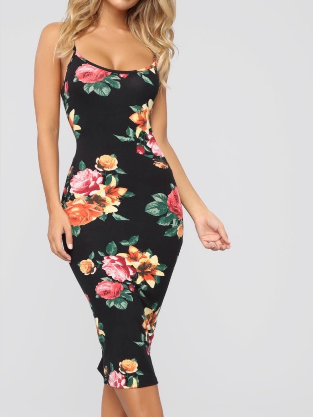Black Floral Slip Midi Dress with Red & Green Blooms